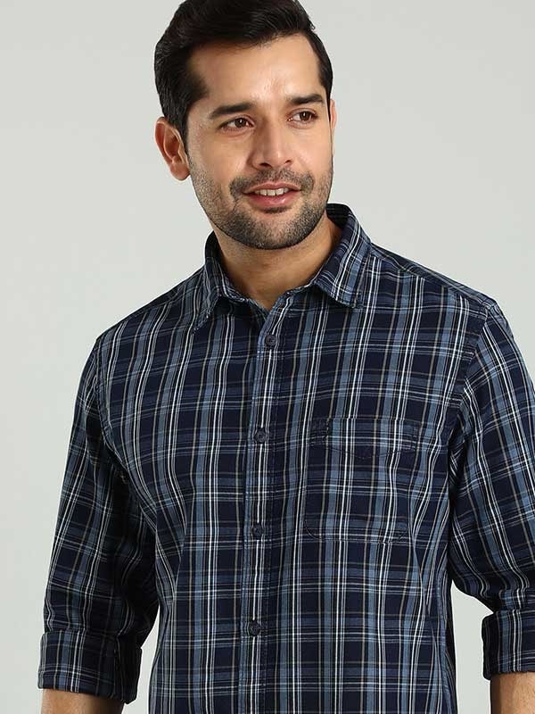 Indian Terrain Men's Regular Fit Full Sleeve Checkered Dark Blue Shirt